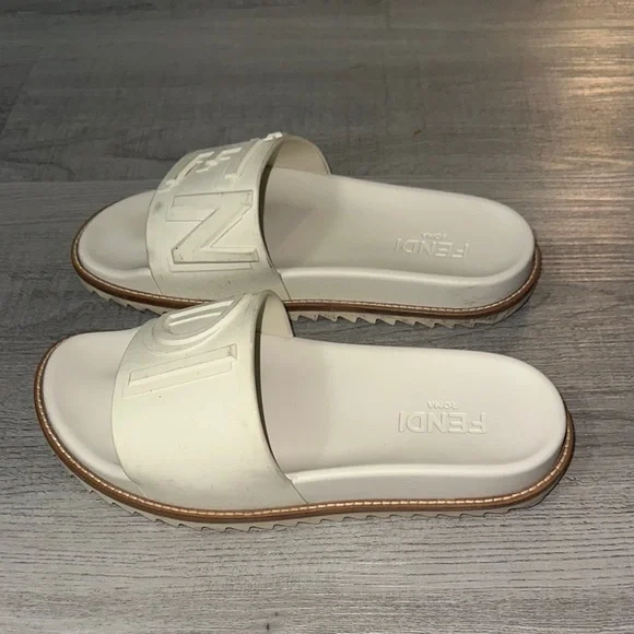 Fendi Cream Embossed Logo Slides